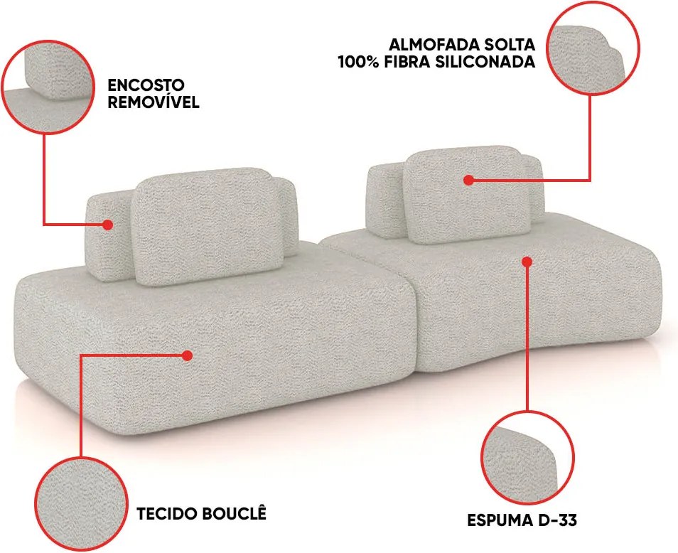 Sofá 2 Lugares Orgânico com Módulo Central e 1 Canto Berlim Bouclê Cinza Claro K01 - D'Rossi