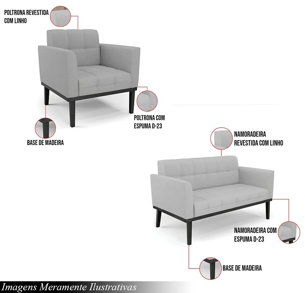 Conjunto Poltrona e Namoradeira Decorativa Karen Pés Fixo em Madeira Preto Linho Cinza G19 - Gran Belo