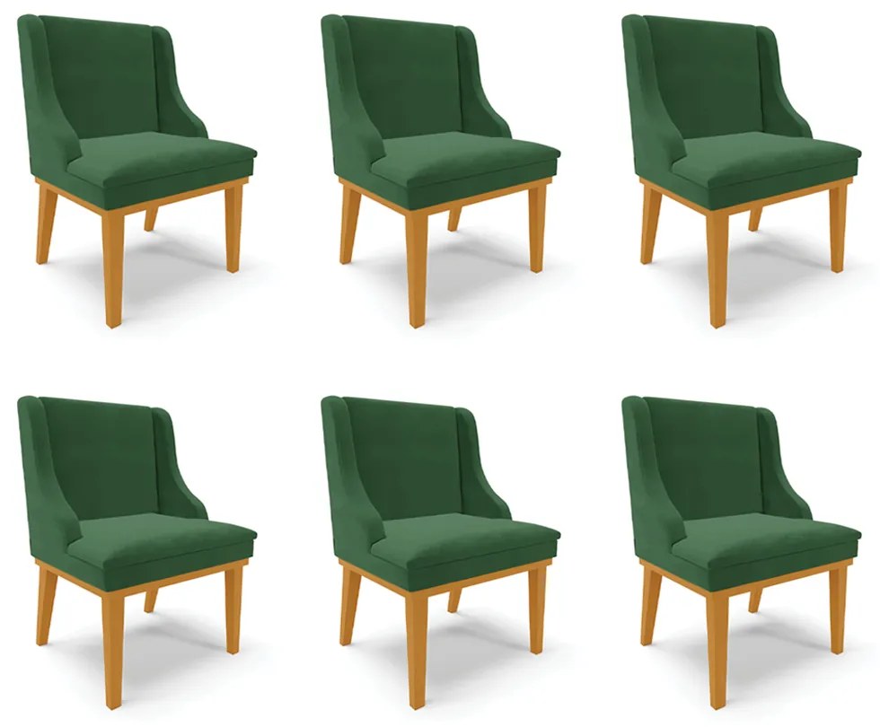 Kit 6 Cadeiras Decorativas Sala de Jantar Base Fixa de Madeira Firenze Veludo Verde Esmeralda/Castanho G19 - Gran Belo