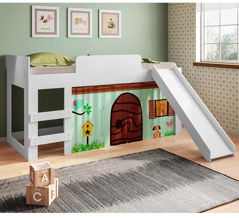 Cama Infantil Com Escorregador E Cortina Diversão Meu Fofinho