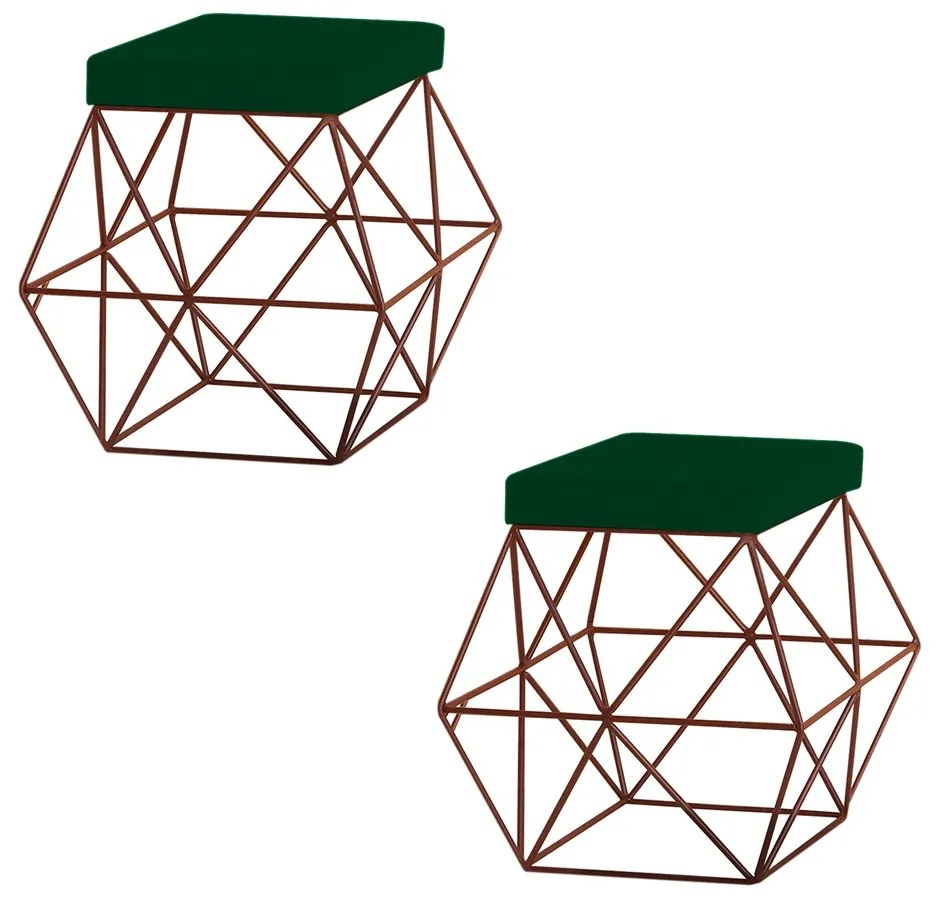 Kit 2 Puffs Decorativo Sala de Estar Base Bronze Trixie Suede Verde G41 - Gran Belo