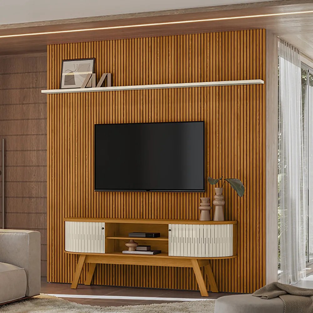 Painel TV 75 Pol 238cm Ripado Kalven com Rack Bancada Enzari M20 - D'Rossi - Cinamomo(fosco)/Off White(brilho)