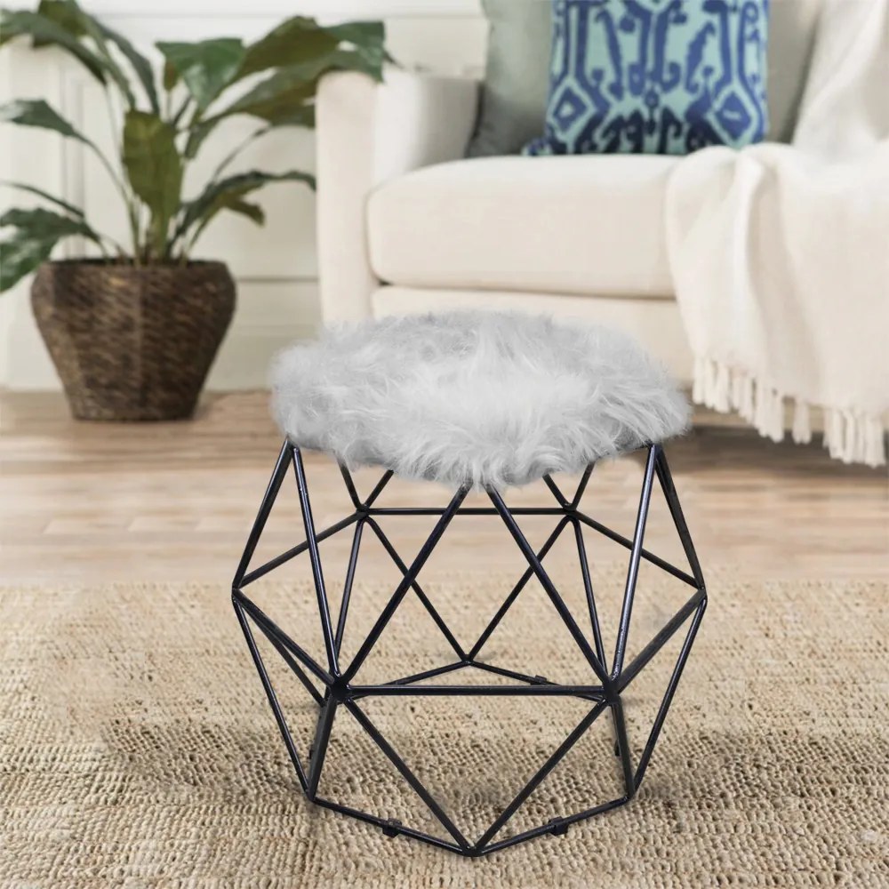 Puff Aramado Hexágono Decorativo Industrial Preto com Pelúcia Cinza D03 - D'Rossi