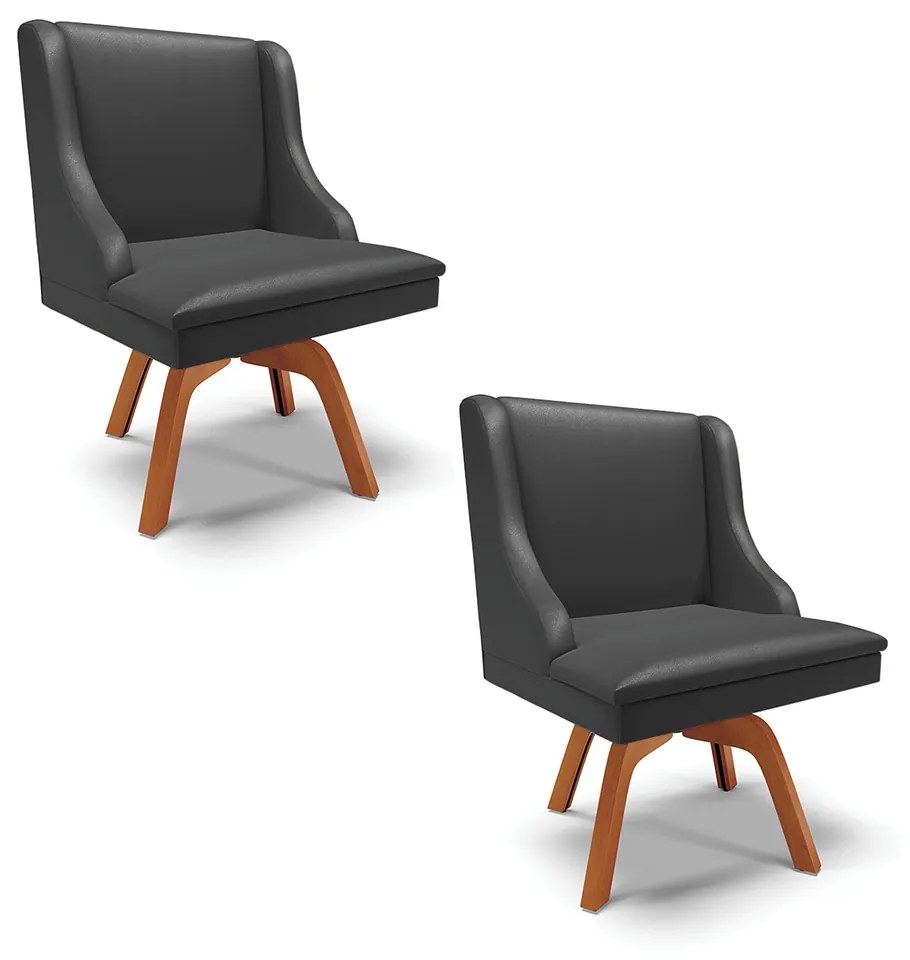 Kit 02 Cadeiras de Jantar Liz Corino Preto Base Giratória de Madeira Mm35 D03 - D'Rossi