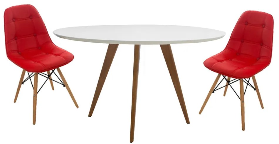 Conjunto Mesa Square Redonda Branco Fosco 80cm + 2 Cadeiras Eiffel Botonê - Vermelho