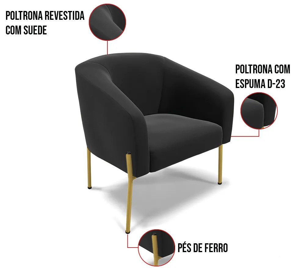 Poltrona Decorativa Pé de Ferro Dourado Kit 2 Stella Suede D03 - D'Rossi - Preto