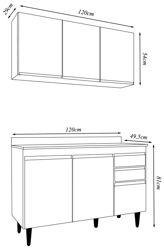 Conjunto Balcão de Cozinha Pursat com Tampo e Armário Aéreo MDP/BP Branco G96 - Gran Belo