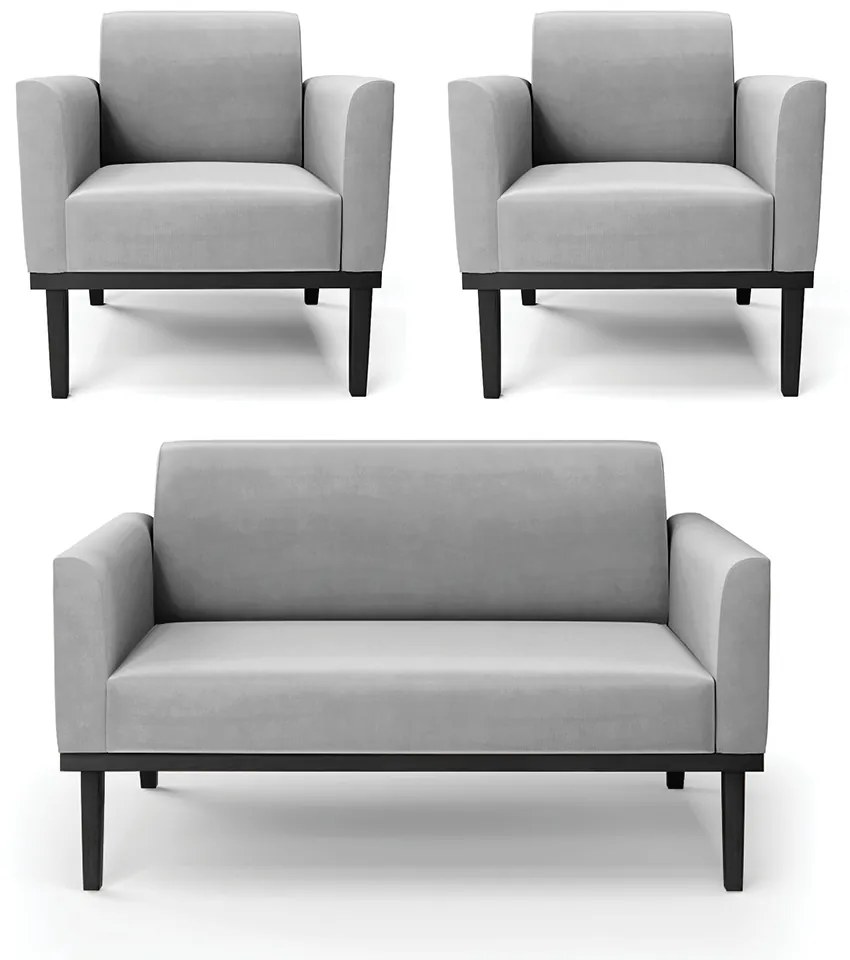 Conjunto 2 Poltronas e 1 Namoradeira Decorativa Isabella Pés Fixo em Madeira Preto Suede Cinza G19 - Gran Belo