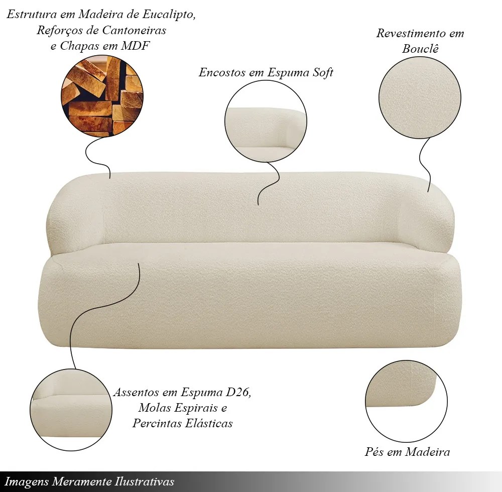 Sofá Decorativo 2 Lugares Charlote 180cm Sala de Estar Pés em Madeira Bouclê Bege G88 - Gran Belo