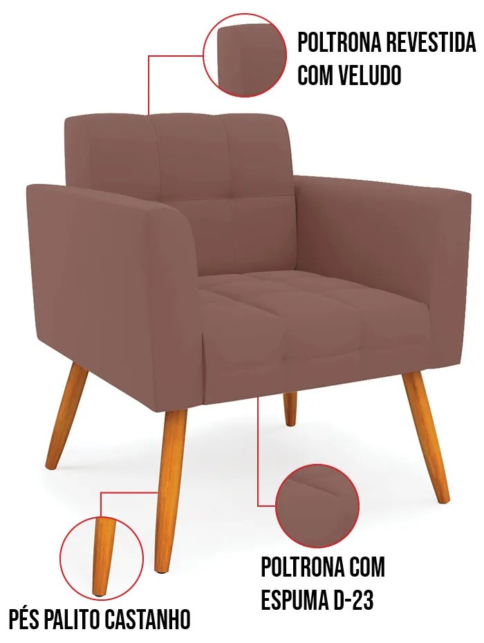 Kit 1 Sofá Namoradeira e 2 Poltronas Elisa Veludo Pés Palito Castanho D03 - D'Rossi - Rose