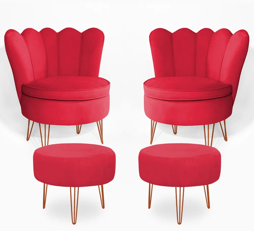 Conjunto 2 Poltrona Dália com 2 Puff Chloe Pés Hairpin Legs Bronze Veludo Vermelho