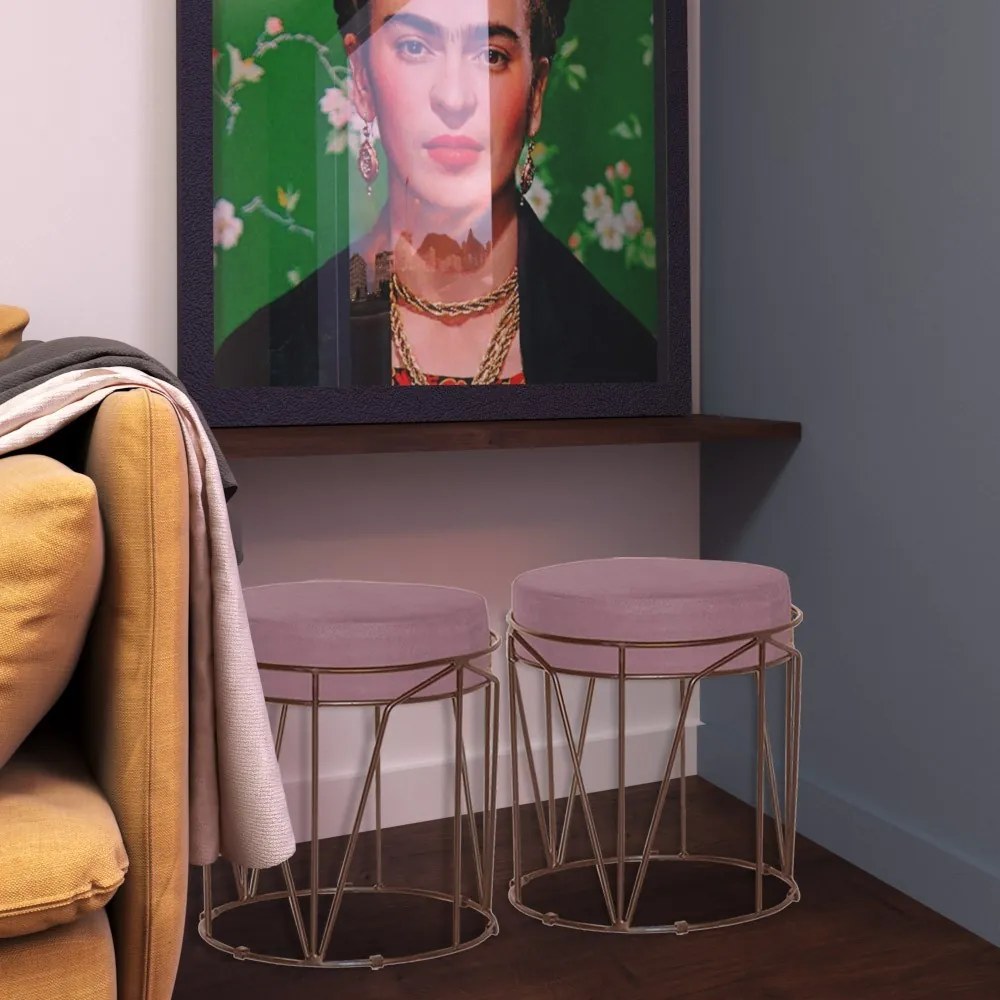 Puff Decorativo Sala de Estar Base Bronze Chloe Veludo Rosê G41 - Gran Belo