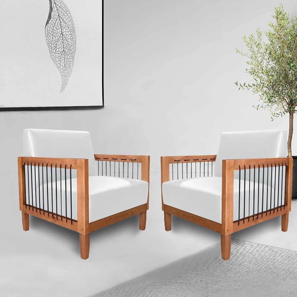 Kit 2 Poltronas Sala de Estar Pés Madeira Maciça Corda Náutica Preta 75cm Manila PU Branco G63 - Gran Belo