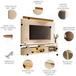 Painel TV 85 Pol Nobre e Rack Bancada Ária Off/Cinamomo - HB Móveis
