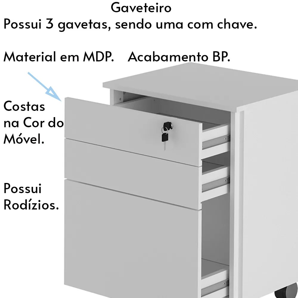 Gaveteiro com Chave para Escritório Home Office ME4148 MDP Branco G69 - Gran Belo