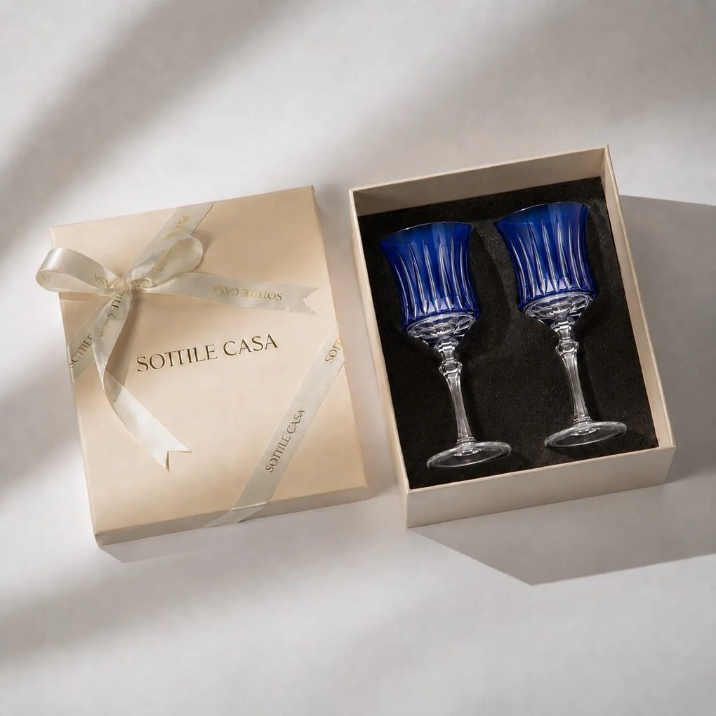 Kit 2 Taças de Cristal Flauta Lapidado 66 p/ Vinho Tinto c/ Caixa de Presente - Azul Escuro Azul Escuro