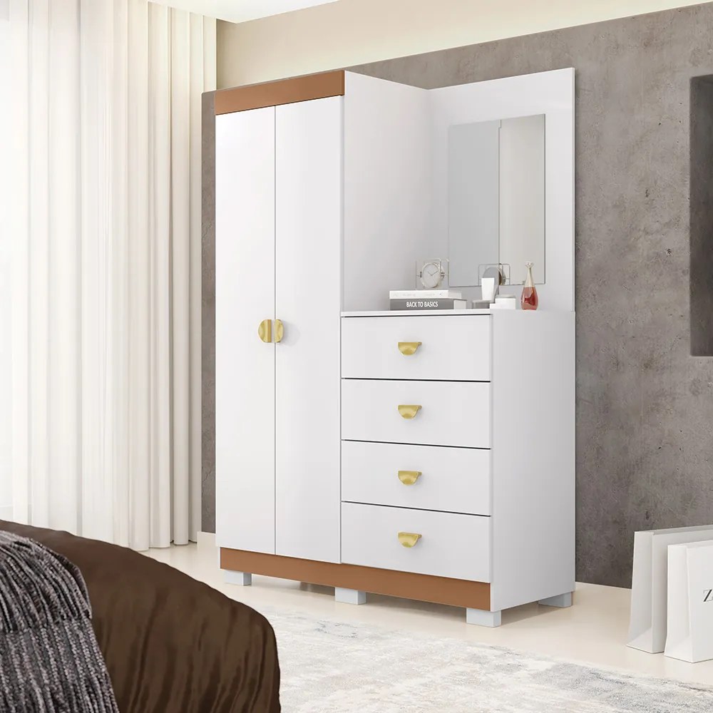Cômoda Roupeiro Allure 2 Portas 4 Gavetas e Espelho Frontal e Rodapé Flex Branco/Terracota G98 - Gran Belo