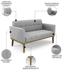 Sofá Namoradeira e 2 Poltronas Base Madeira Castanho Ana Suede Cinza -
