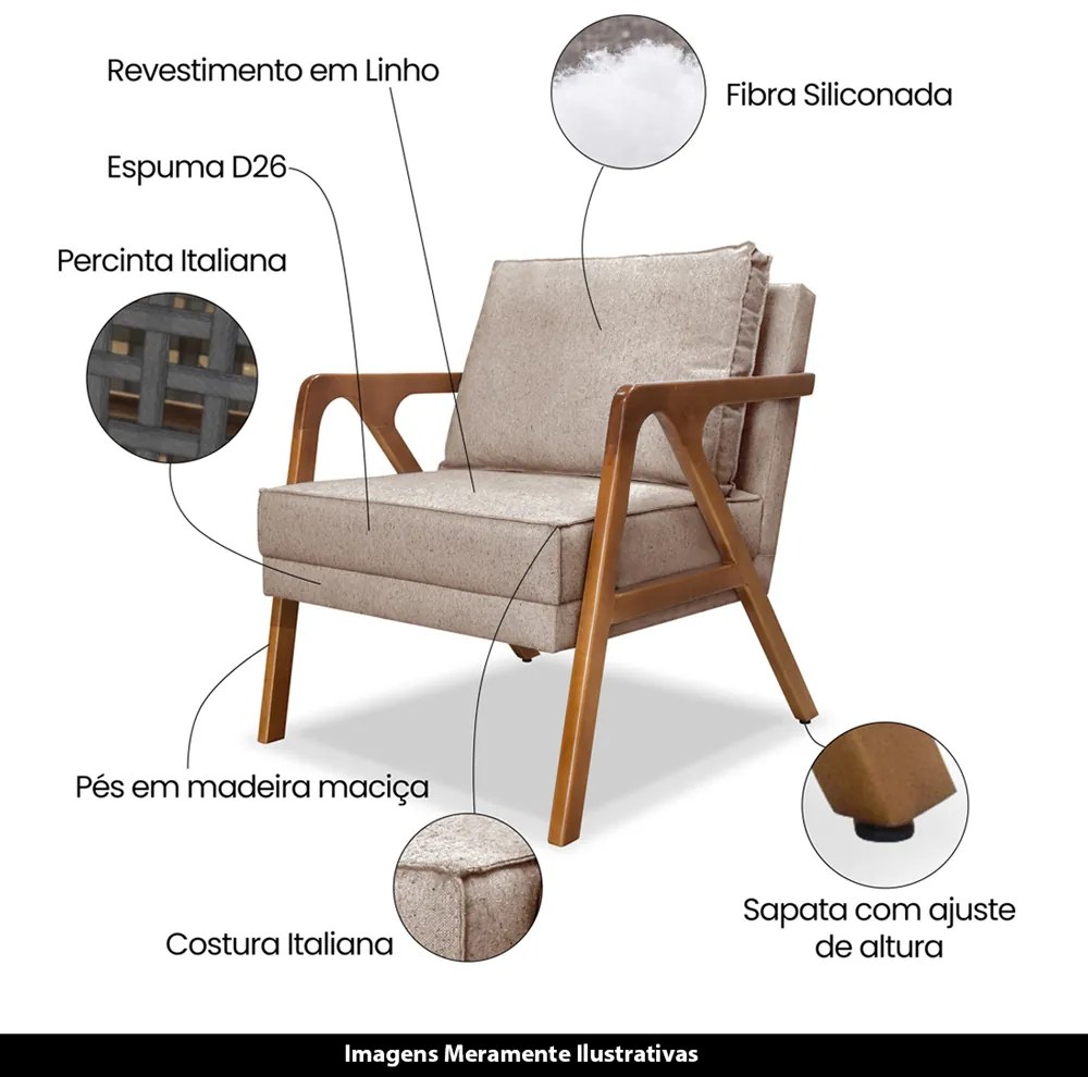 Poltrona Decorativa De Luxo Frida Linho Rústico Areia G63 - Gran Belo