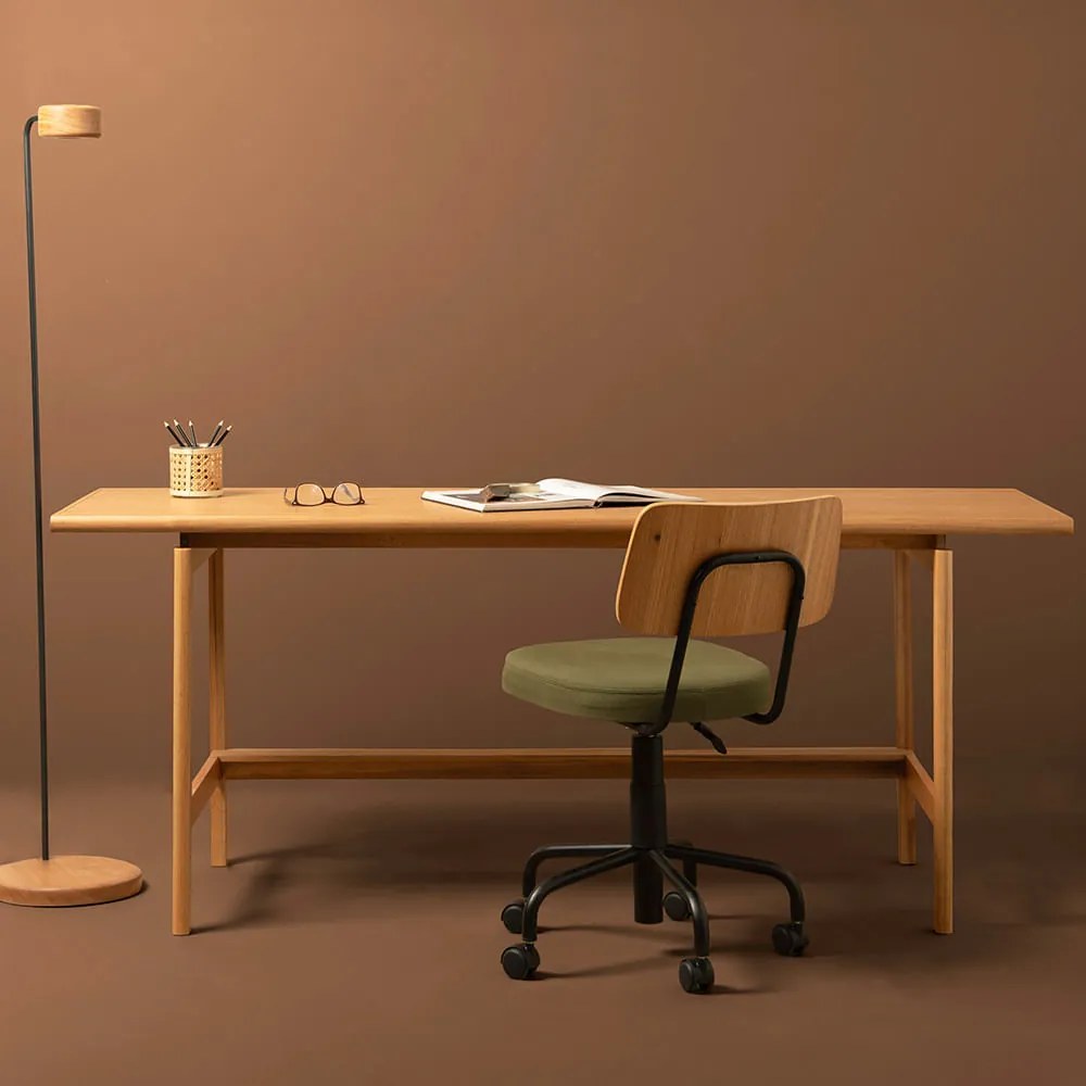 Conjunto Office - Escrivaninha Nori Natural 1,85m + Cadeira de Escritório Cult Freijó e Verde Musgo