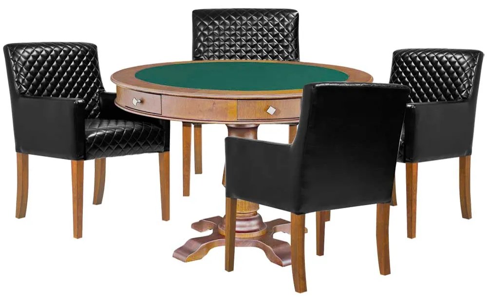 Mesa de Jogos Carteado Victoria Redonda Tampo Reversível Amêndoa com Kit 4 Cadeiras Liverpool PU Sintético Preto Matelassê G36 G15 - Gran Belo