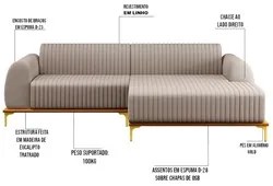 Sofá 245cm 4 Lugares com Chaise Direito Pés Gold Molino C-107 Linho Be