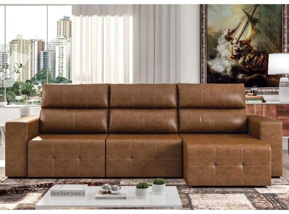 Sofá Retrátil Reclinável 5 Lugares Sala de Estar 314cm Russo Couro Caramelo G52 - Gran Belo
