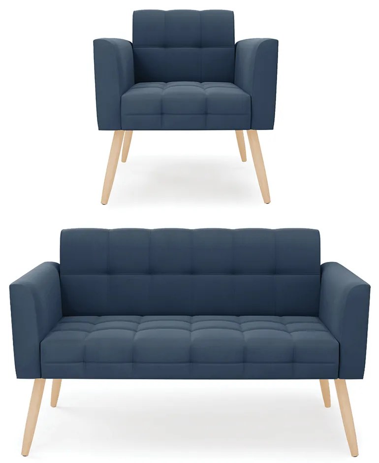 Kit 1 Sofá Namoradeira e 1 Poltrona Elisa Suede Pés Palito Natural - D'Rossi - Azul Marinho
