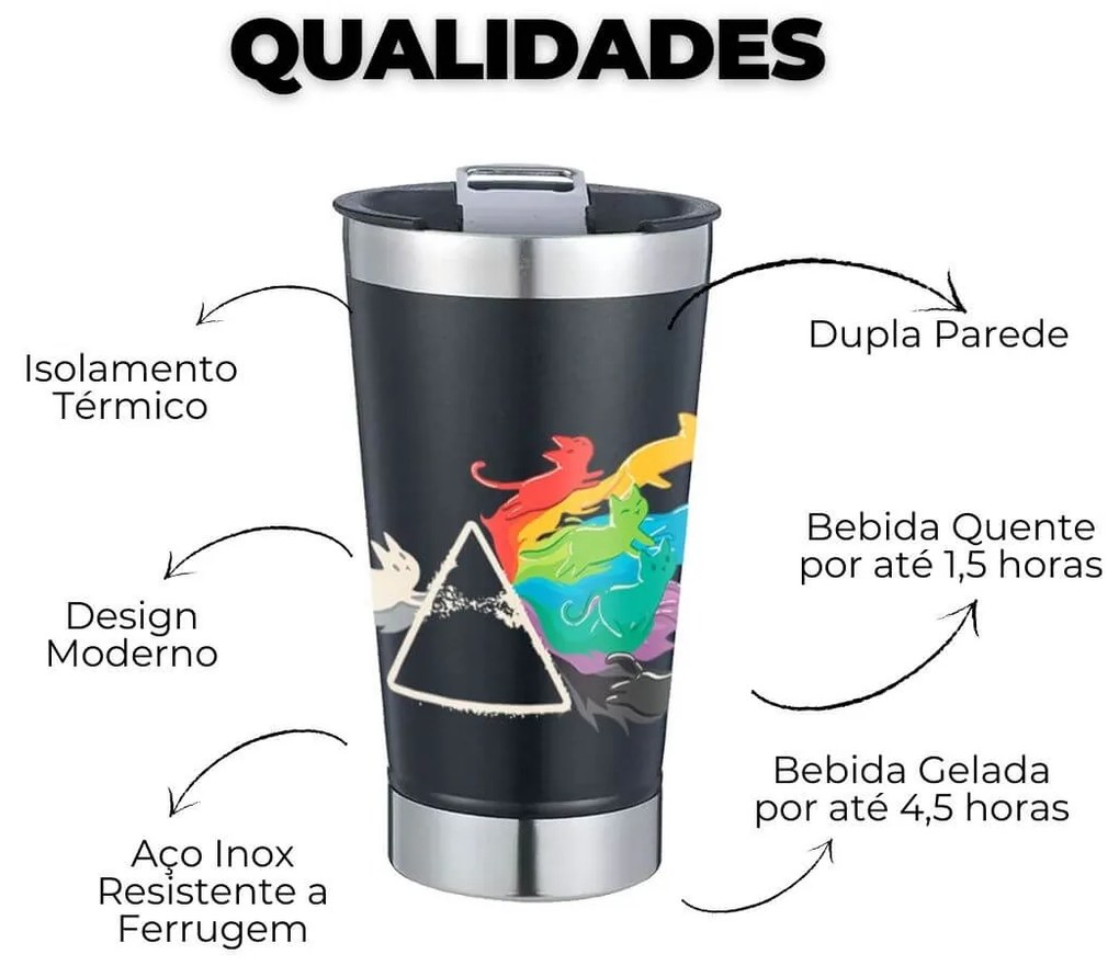 Copo Térmico Gatos Prisma Cats em Inox Com Tampa e Abridor Chopp