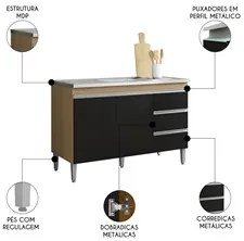 Balcão de Cozinha Com Pia Inox 100cm 3 Gavetas Andréia Amêndoa/Preto -