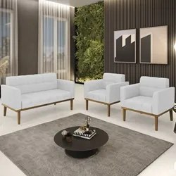 Sofá Namoradeira e 2 Poltronas Base Madeira Castanho Ana Linho Cinza -