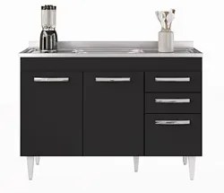 Balcão Gabinete com Pia Inox 120cm 3 Portas 2 Gavetas Suécia Preto - L