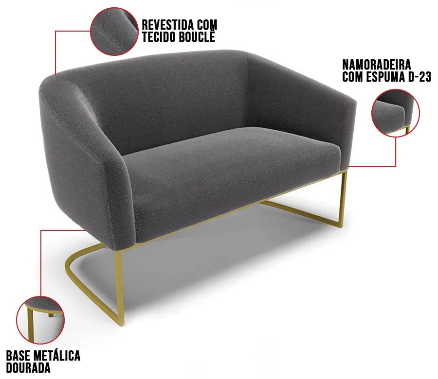 Sofá 2 Lugares Namoradeira Industrial Dourado Stella Bouclê D03 - D'Rossi - Grafite
