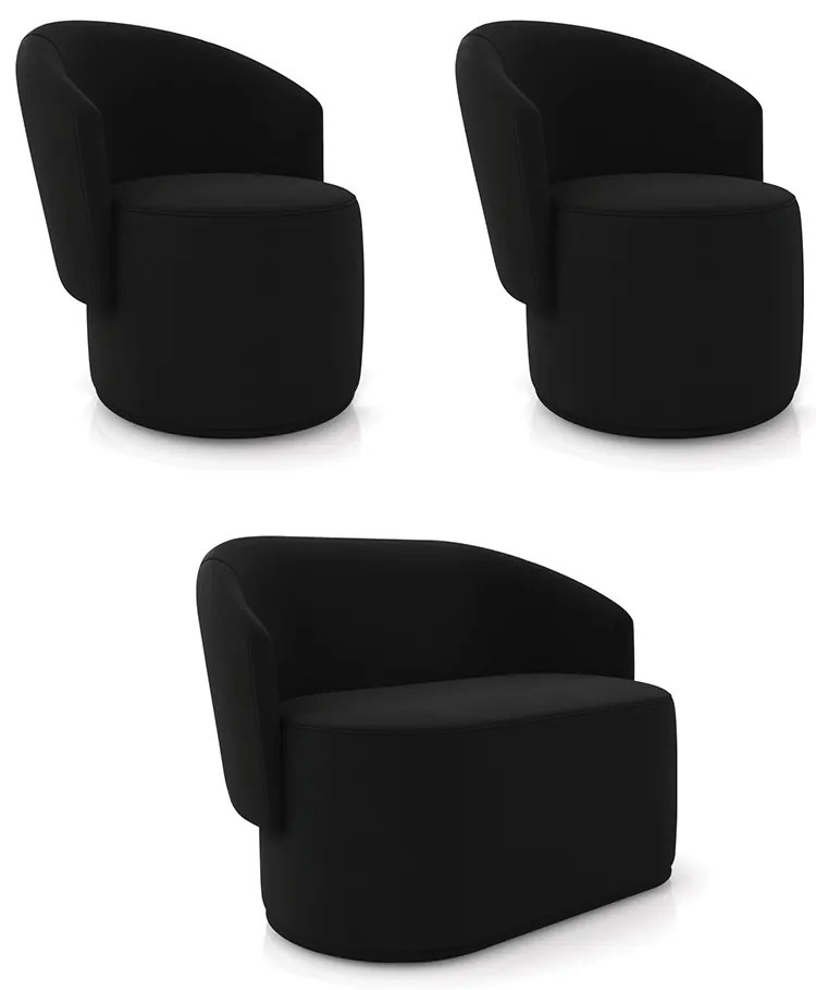 Sofá Namoradeira e 2 Poltronas Orgânica para Sala Malu Suede M11 - D'Rossi - Preto