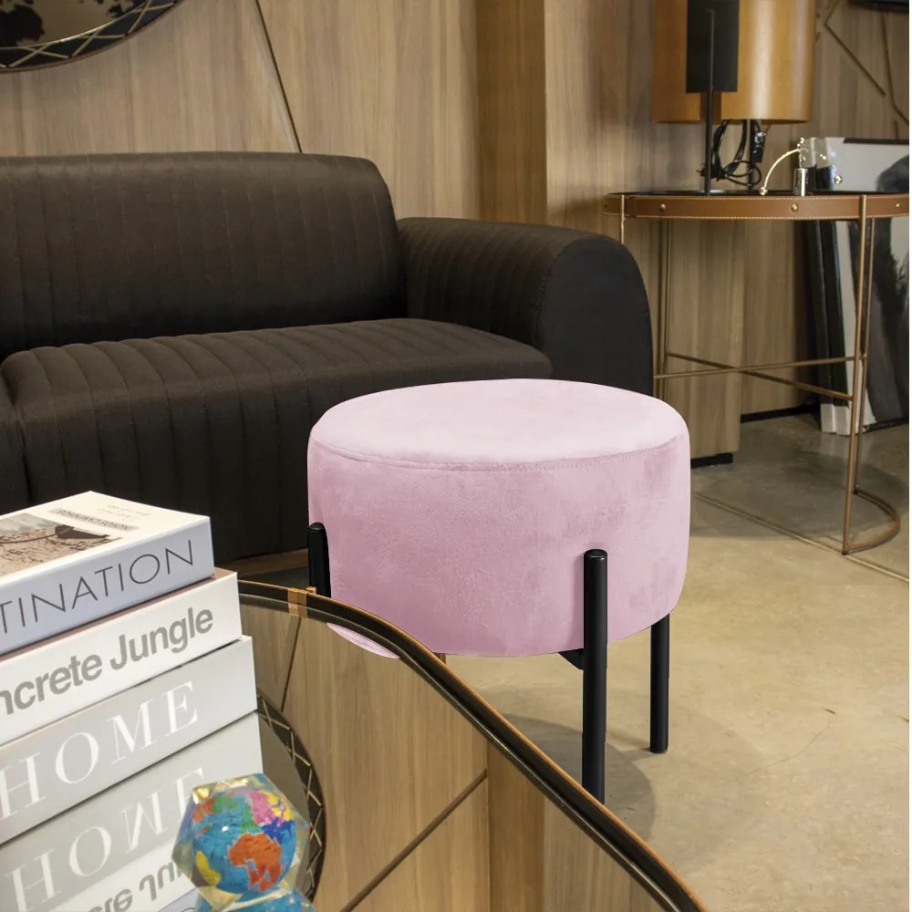 Puff Banqueta Decorativo Industrial Preto Iron Suede Rosa Bebê D03 - D'Rossi