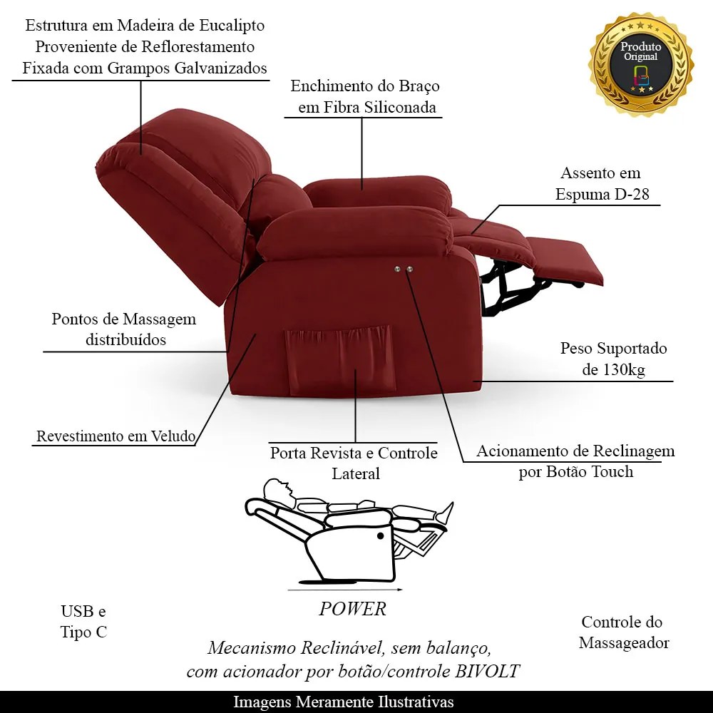 Poltrona do Papai Reclinável Sala de Cinema Madrid Power Touch Massagem USB Veludo Vermelho G23