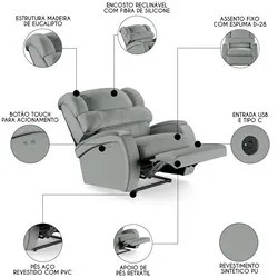 Poltrona do Papai Reclinável Kalie Power Touch USB FH9 PU Cinza - Mpoz