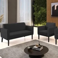 Sofá Namoradeira e 1 Poltrona Base Madeira Preto Maressa Sintético Pre