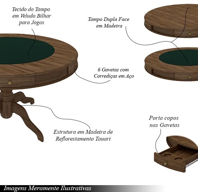 Conjunto Mesa de Jogos Carteado Bellagio Tampo Reversível e 6 Cadeiras Madeira Poker Base Estrela Veludo Preto/Nogueira G42 - Gran Belo