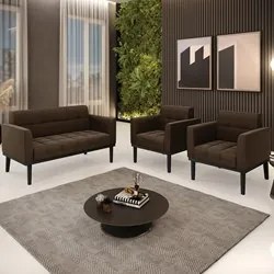 Sofá Namoradeira e 2 Poltronas Base Madeira Preto Ana Suede Marrom - I