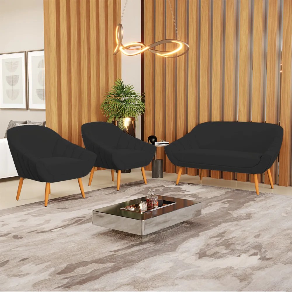 Kit 01 Namoradeira 02 Lugares e 02 Poltronas Giovana Veludo Pés Palito Castanho - Indo Decorar - Preto