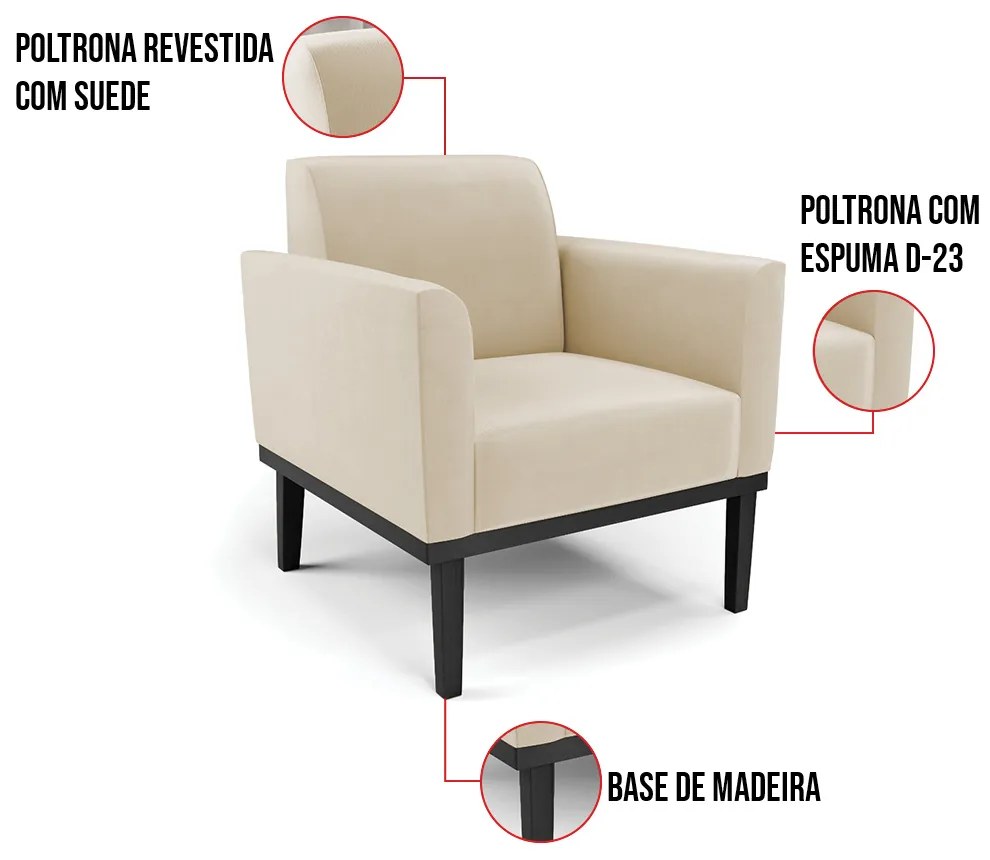 Poltrona Base de Madeira Fixa Preto Marisa Suede  D03 - D'Rossi - Bege