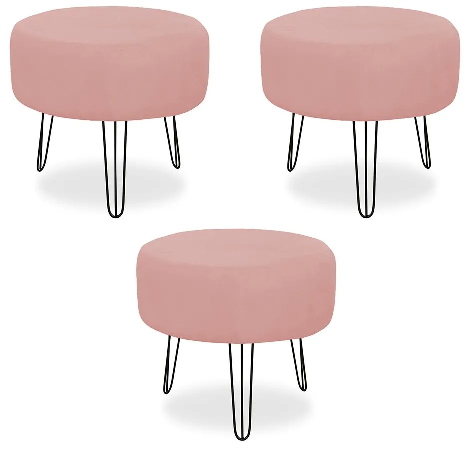 Kit 03 Puffs Redondos para Sala Chloe Suede Crepe