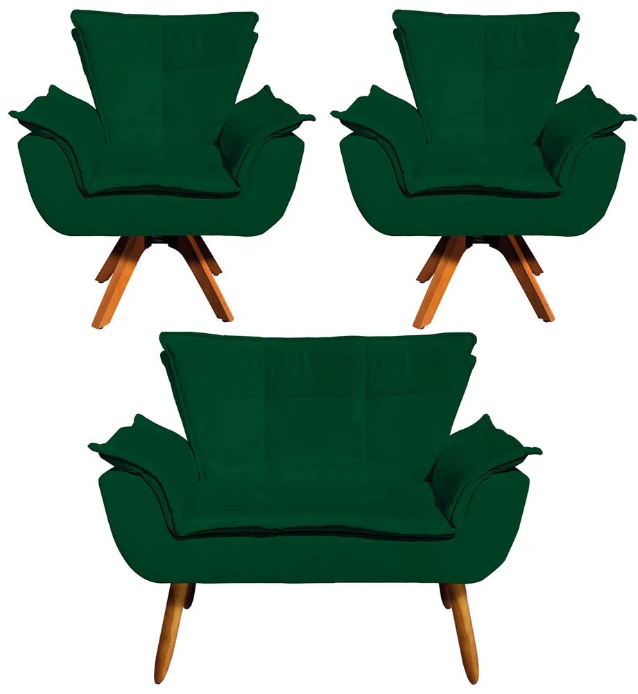 Sofá Namoradeira e 2 Poltronas Giratória MM30 Opala Suede D03 - D'Rossi - Verde