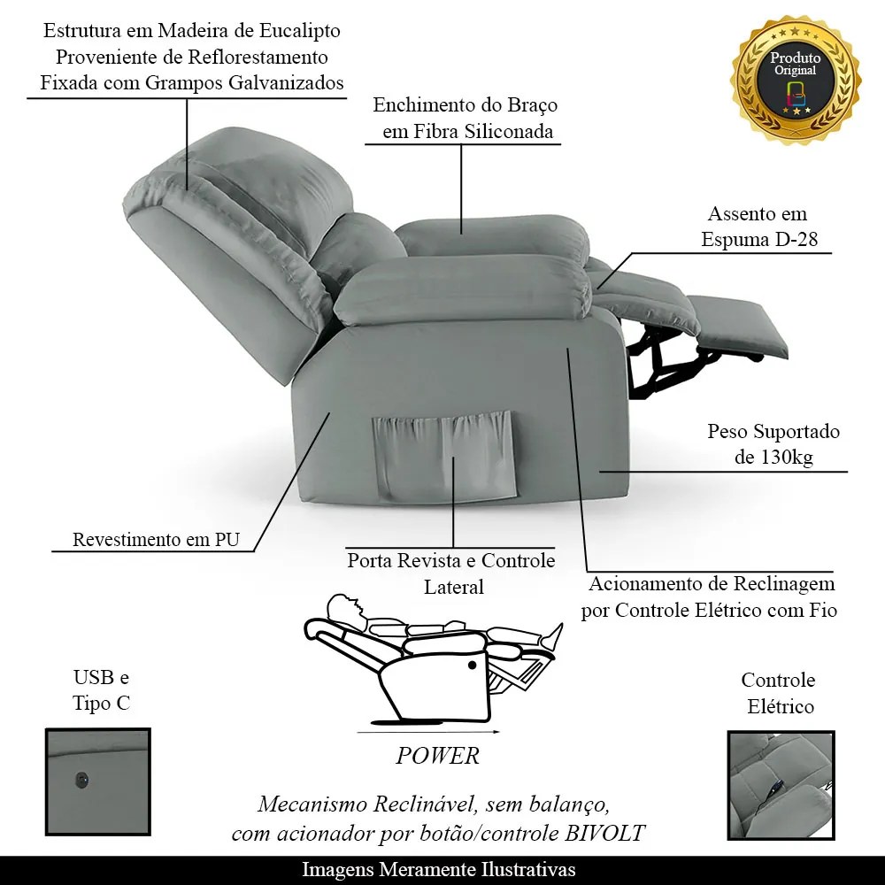 Poltrona do Papai Reclinável Sala de Cinema Madrid Controle Power Elétrico USB PU Cinza  G23