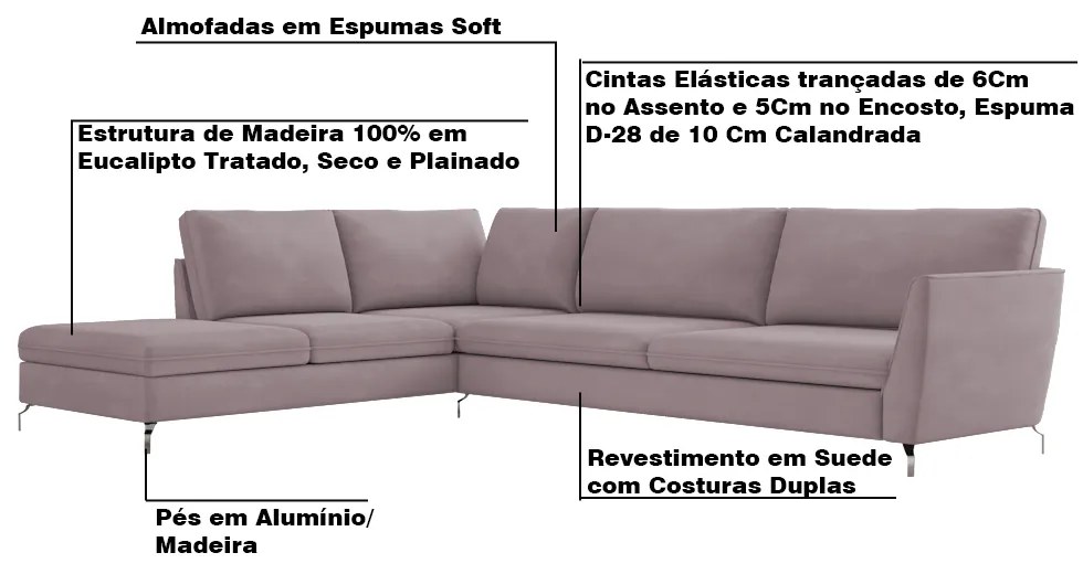 Sofá de Canto Chaise Esquerdo 287 cm Olívia Suede Rosê G52 - Gran Belo