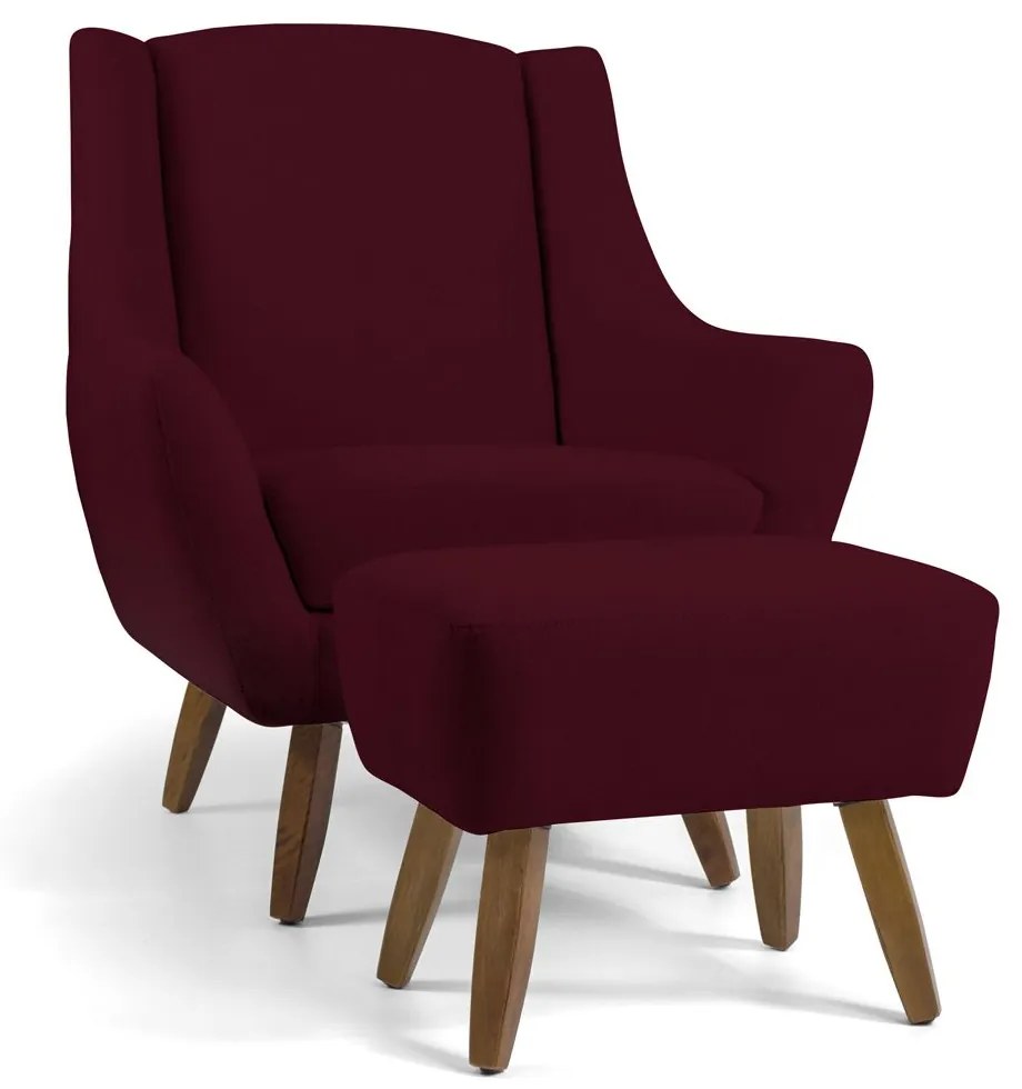 Poltrona Decorativa com Puff Sala de Estar Pés de Madeira Naomi Veludo Marsala G15 - Gran Belo
