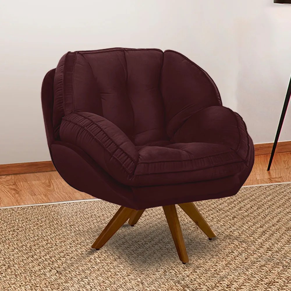 Poltrona Decorativa Base em Madeira Giratória Giroud Veludo Marsala G33 - Gran Belo