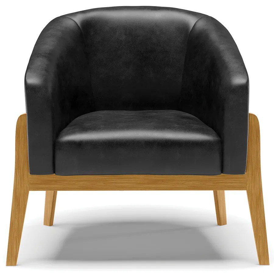Poltrona com Puff Base de Madeira Stella Sintético PU Preto D03 - D'Rossi