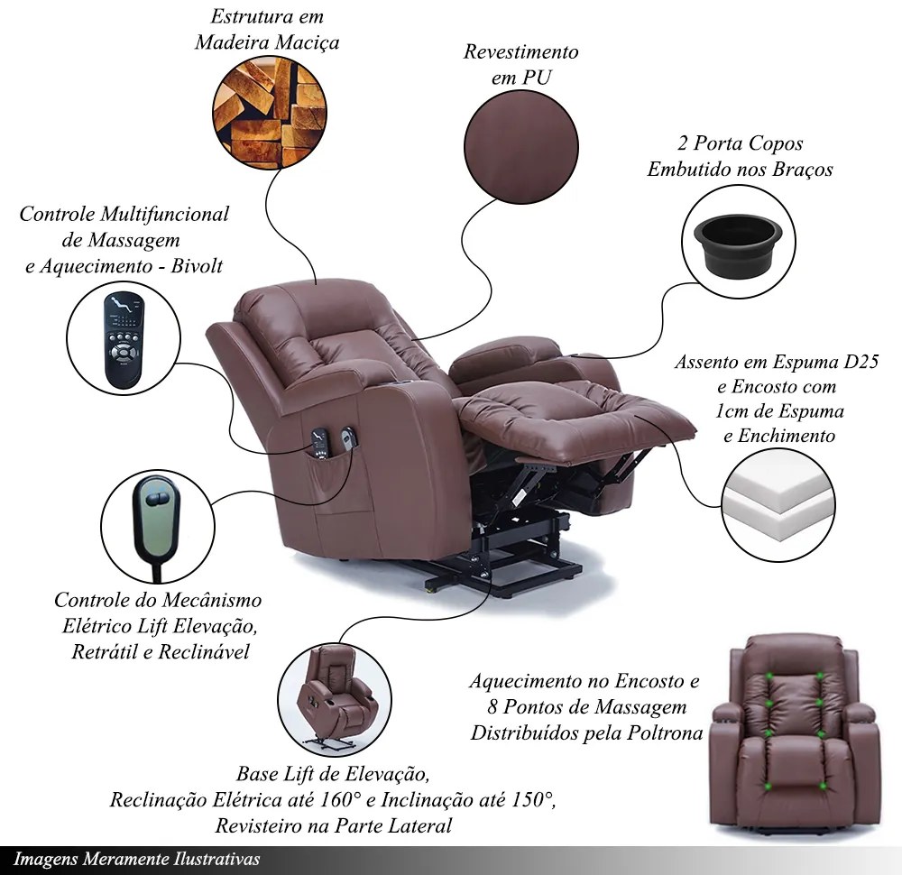 Poltrona do Papai Lift Sala de Estar Reclinável Austin Elétrica Aquecimento Massagem PU Marrom Chocolate G94 - Gran Belo